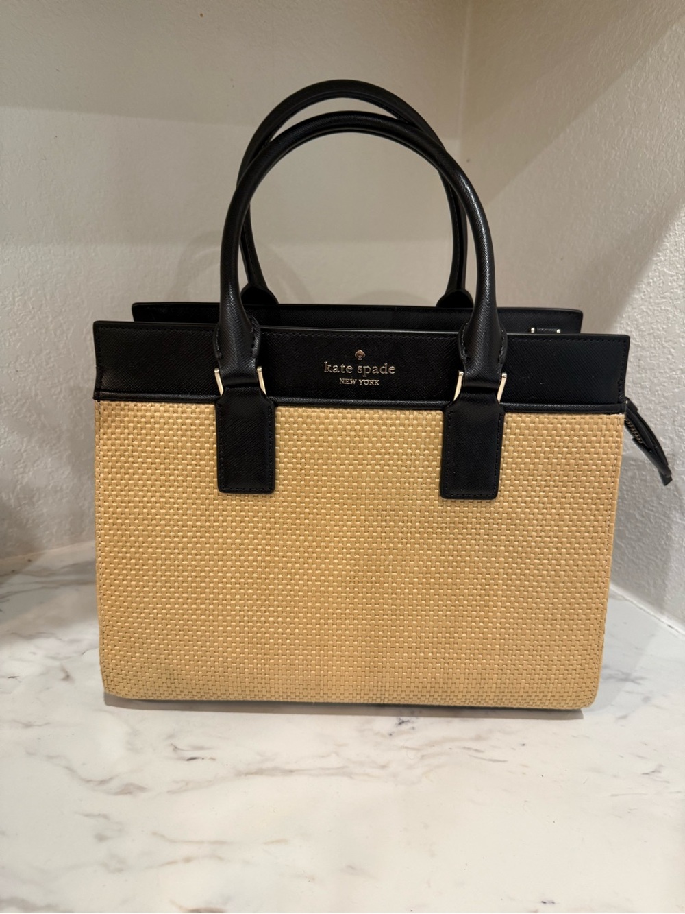 Kate Spade Black & Natural Straw Cameron Satchel